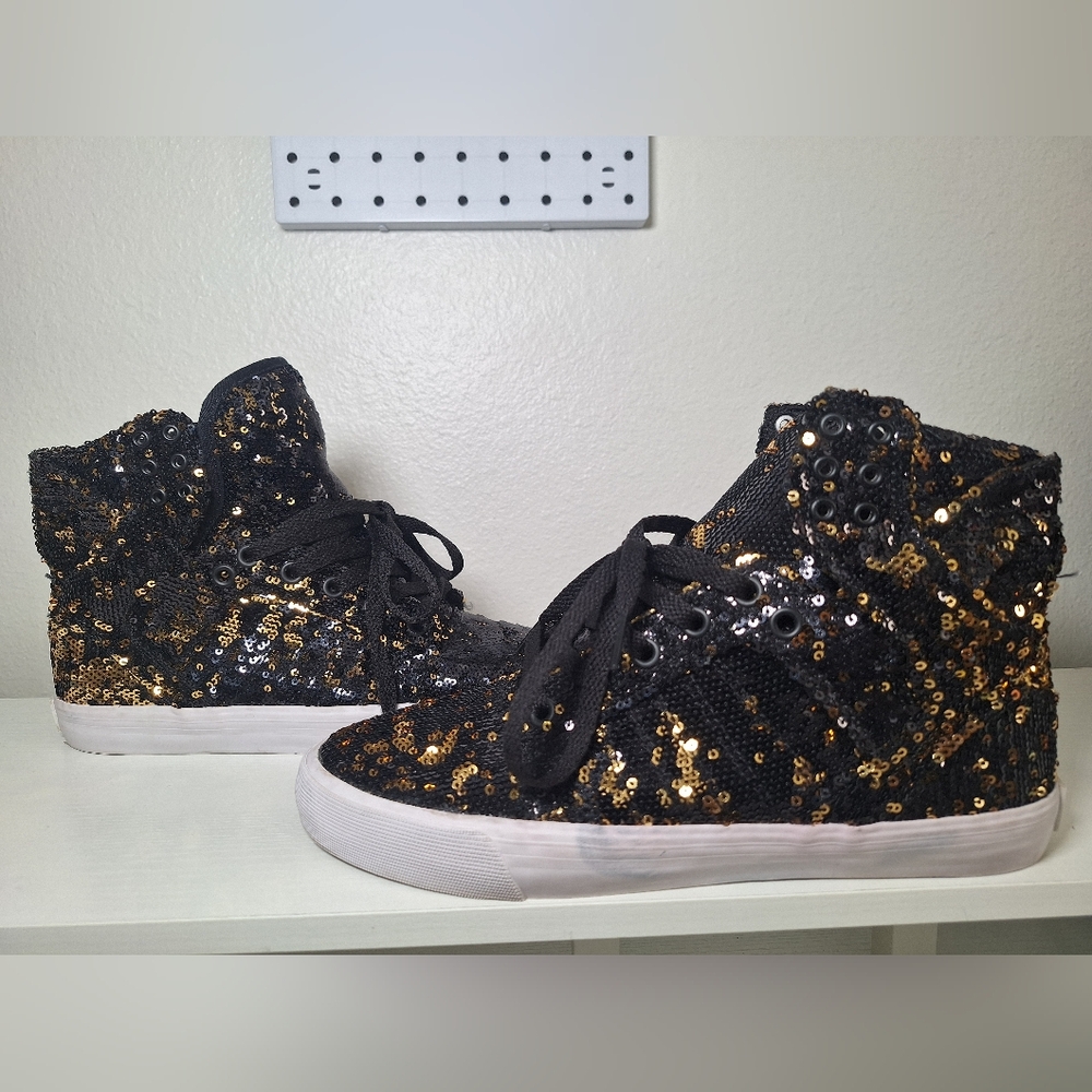 Supra Women's Black and Gold Sequin High-Top Sneakers